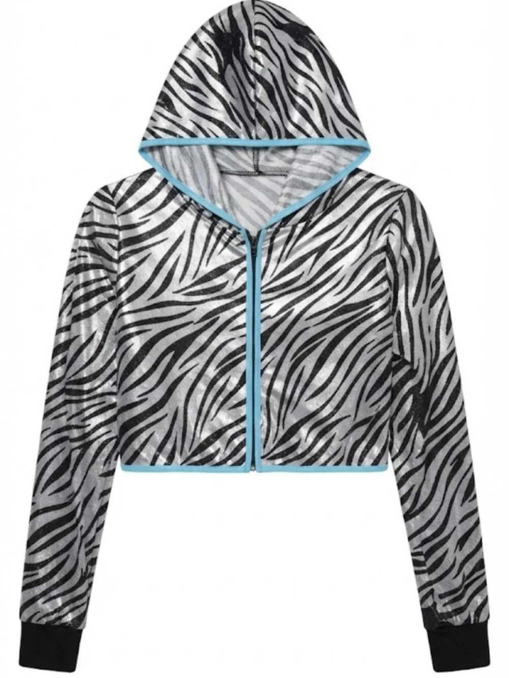 Girls Zebra Print Cropped Zip Up Hoodie Silver Black Metallic Jacket Size XL